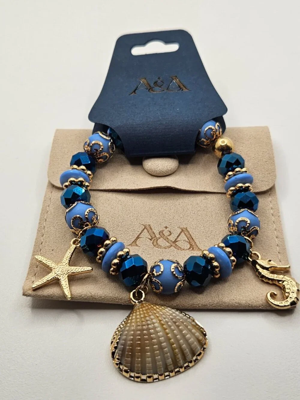 Nautical Charm Bracelet, Blue Beach Bracelet, Gold Seashell Starfish Seahorse